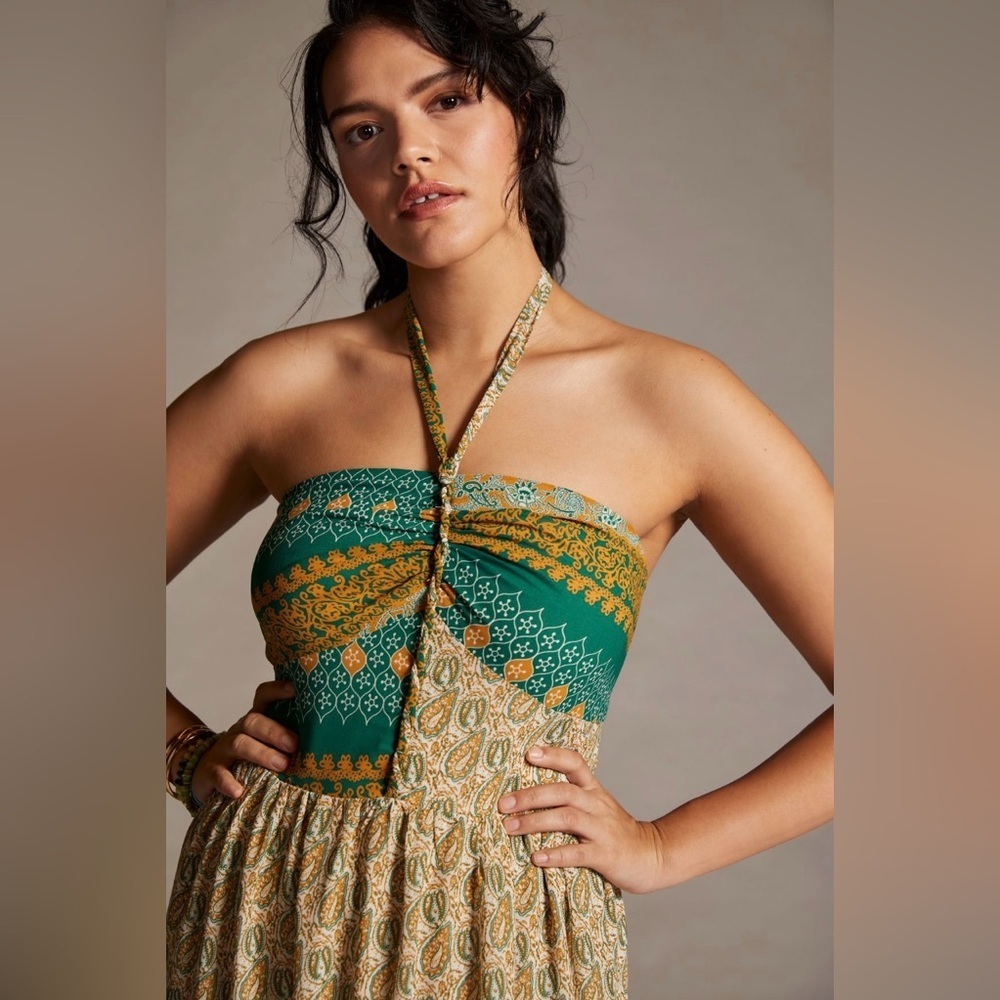 Tiny Twist Halter Maxi Dress Green Print NWT Size S